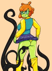 ass freckles glasses green_skin insaneniacd orange_hair panties pseudo_hair selena_(foursnail) skirt skirt_lift skirt_lifted_by_self sweat tentacle tentacle yellow_panties