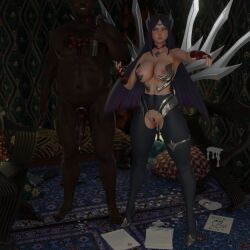 3d angry blue_eyes chaunguyen dark-skinned_male heels interracial irelia_xan kiss_mark league_of_legends leaking_cum light-skinned_female noxus_symbol pantyhose riot_games wine_bottle wine_glass