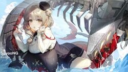 artist_request azur_lane bangs bare_shoulders blonde_hair blush blush_lines braided_hair breasts floating green_eyes hair_ornament iron_blood_(azur_lane) lützow_(azur_lane) large_breasts mechanical official_art open_mouth plushie seagull shark tagme tiny_hat water waves