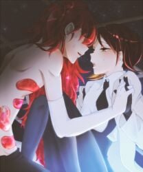 ambiguous_gender black_gloves black_legwear black_socks blush gloves holding_hands holes_in_body houseki_no_kuni humanoid labcoat light_brown_eyes light_skin long_gloves long_hair long_socks padparadscha_(land_of_the_lustrous) red_hair red_mouth rutile_(land_of_the_lustrous) shiny_skin short_hair shorts starry_sky sweatdrop two_tone_hair unknown_artist very_long_hair white_gloves yellow_mouth