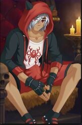 1boy blush_blush clothed clothed_male clothing demon game_cg gay hard_on hoodie male red_eyes sad_panda_studios seth_(blush_blush) smirk solo white_hair