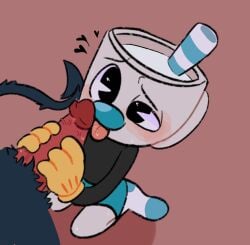 2boys big_nose blue_nose blushing clothed clothed_male cup cuphead_(game) demon devil devilmug fellatio fully_clothed fully_clothed_male fur gay gloves hands_on_penis hearts male/male male_only mugman non-human shorts sitting_on_floor socks sweater tagme the_devil_(cuphead) tongue_out yaoi