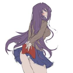 1girls 3v0320 5_fingers blue_skirt book breasts doki_doki_literature_club holding holding_book holding_object long_hair open_book panties panty_peek purple_eyes purple_hair red_book sketch skirt solo_focus white_background white_panties yuri_(doki_doki_literature_club)