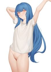 1girls arm_up bangs blue_hair blush bottomless cameltoe closed_mouth cowboy_shot female flat_chest highres hinanawi_tenshi leaning_to_the_side light_smile long_hair looking_at_viewer ni_(221) no_headwear pussy shirt short_sleeves simple_background solo tenshi_hinanawi touhou uncensored underwear white_background white_shirt