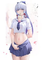 1girls arms_behind_back belly belly_button bg_baige0 big_breasts blue_eyes blue_hair blush boba_tea boba_tea_challenge bowtie breasts bubble_tea_challenge cup_on_boobs drink drinking drinking_boba drinking_straw female female_only genshin_impact hand_behind_back kamisato_ayaka large_breasts light_blue_hair midriff pulling_clothing sakura_petals school_uniform schoolgirl schoolgirl_uniform silver_hair skirt thick thick_thighs thighs tummy white_hair