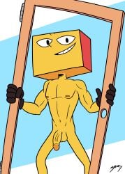 cube_(yellow) door door_frame gloves holding_object humanoid humanoid_penis male male_only naked nude onlyboney posing smile the_heist