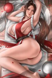 1girls armpits arms_up ass breasts brown_hair fatal_fury female female_focus female_only king_of_fighters large_breasts light-skinned_female light_skin long_hair looking_at_viewer lying lying_on_back mai_shiranui on_back only_female parted_lips ponytail solo solo_female solo_focus teeth we1cometoparadiseart welcometoparadise wtparadise