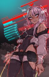 1girls aqua_eyes assimilation brain_drain brain_fuck brainwashing cd_projekt_red clenched_teeth corruption cumming cyberpunk:_edgerunners cyberpunk_2077 female female_only fully_clothed gameplay_mechanics genital_fluids grey_hair gritted_teeth hacked horny hud leotard long_hair lucyna_kushinada mind_break mind_control mindfuck netflix pleasure_face rolling_eyes shuuko solo solo_female standing status_effect studio_trigger takeover tech_control