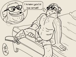 2boys 3_fingers anthro bandana bed biped black_and_white blush body_hair boots boxers_(clothing) bubble_bass chest_hair clothed clothing dennis_(spongebob_squarepants) digital_media_(artwork) duo english_text eyewear fingers fish footwear furniture gay genitals glasses gloves hair handwear hiked_leg humanoid_genitalia humanoid_penis humiliation ibgross kerchief male male/male male_only marine mask monochrome muscular muscular_anthro muscular_male nickelodeon on_bed open_mouth overweight overweight_male partially_clothed penis penis_through_fly presenting raised_leg scar simple_background smooth_skin solo_focus spongebob_squarepants spurs sunglasses text tongue topless underwear white_background yaoi
