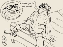 2boys 3_fingers anthro bandana bass_(fish) bed biped black_and_white blush body_hair boots boxers_(clothing) bubble_bass chest_hair clothed clothing dennis_(spongebob_squarepants) digital_media_(artwork) duo english_text eyewear fingers fish footwear furniture gay genitals glasses gloves hair handwear hiked_leg humanoid_genitalia humanoid_penis humiliation ibgross kerchief male male/male male_only marine mask monochrome muscular muscular_anthro muscular_male nickelodeon on_bed open_mouth overweight overweight_male partially_clothed penis penis_through_fly presenting raised_leg scar simple_background smooth_skin solo_focus spongebob_squarepants spurs sunglasses text tongue topless underwear white_background yaoi