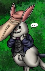 absurd_res anthro ass clothing demoniccat1 dick_on_head dungeon_reset duo fur hi_res lagomorph leporid male male/male mammal rabbit rabbit_(character) suit white_body white_fur