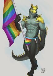 1boy 2022 abs anthro barefoot big_bulge big_muscles bulge claws clothed clothing digitigrade dragon feet flag grey_background hi_res holding_flag holding_object jockstrap lgbt_pride lion21 male male_only muscular muscular_anthro muscular_male navel pecs pride_color_clothing pride_color_flag pride_color_jockstrap pride_color_underwear pride_colors rainbow_pride_colors scales scalie signature simple_background solo spikes spikes_(anatomy) standing topless topless_anthro topless_male underwear