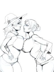 2girls big_breasts black_clover breasts breasts_pressed_together bun bun_hair charlotte_roselei clothed clothed_female female female_only hat light-skinned_female light_skin looking_at_another monochrome multiple_girls scharlottelambo sketch thick_ass thick_thighs vanessa_enoteca witch_hat