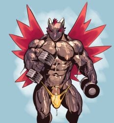 1boy 2022 abs accessory anthro barazoku biceps big_bulge big_muscles big_pecs big_penis blue_background bulge clothed clothing cock_ring dick_root dragon dripping dumbbell erection erection_under_clothing exercise falcon_mccooper genitals hi_res horns huge_muscles humanoid_genitalia humanoid_penis jewelry male male_nipples male_only male_thong muscles muscular_anthro muscular_male narrowed_eyes navel non-mammal_nipples obliques pecs penis penis_accessory penis_jewelry precum precum_through_clothing precum_through_thong precum_through_underwear scales scalie simple_background solo standing sweat tenting tiramisu_(kuroma) topless topless_anthro topless_male underwear vein veiny_muscles veiny_penis weightlifting weights wet wet_body wet_clothing workout