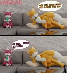 3d_(artwork) anthro balls camseven canid canine casual_nudity chip_(sonic) crossed_legs digital_media_(artwork) dipstick_tail duo erection fox fur furniture genitals girly hair half-closed_eyes hi_res looking_at_viewer lying male mammal markings multi_tail narrowed_eyes on_side orange_body orange_fur penis phone pillow red_body red_fur reflection sega sofa sonic_(series) sonic_the_hedgehog_(series) sonic_the_hedgehog_series sonic_unleashed tail_markings tails teapot_(body_type) thick_thighs unknown_species watermark white_hair wide_hips wings