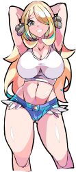 1girls armpits arms_behind_head arms_up blonde_hair cynthia_(pokemon) enpe huge_breasts large_breasts pokemon sexy_armpits tagme thick_thighs white_background yellow_eyes