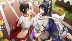 2girls azur_lane bangs belly_button black_and_white_hair black_hair bondage bound bound_wrists brünhilde_(azur_lane) brünhilde_(grain-seizing_grani)_(azur_lane) bra bra_visible_through_clothes breast_press choker crop_top facial_markings female female_focus female_only fluffy_tail fox_ears fox_girl fox_tail headband hose iron_blood_(azur_lane) jump_rope light-skinned_female light_skin looking_at_viewer multiple_girls musashi_(azur_lane) necklace object_in_mouth official_art open_clothes purple_hair red_eyes sakura_empire_(azur_lane) see-through see-through_clothing short_hair short_shorts shorts tail water water_drop wet wet_clothes wet_skin yellow_eyes