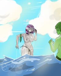 1boy 1girls bbrae beach beast_boy big_breasts bikini cloud dc dc_comics emotionless exhibitionism female forehead_jewel garfield_logan green_hair green_skin grey_skin male partially_clothed public_nudity purple_hair rachel_roth raven_(dc) sky teen_titans