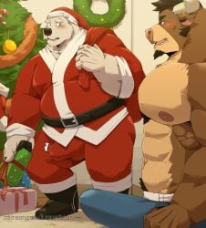 2022 absurd_res anthro balls_outline bear belly big_belly blush bottomwear brown_body bulge christmas christmas_clothing christmas_headwear christmas_tree clothed clothing detailed_background duo erection erection_under_clothing genital_outline hat headgear headwear hi_res holidays humanoid_hands jumperbear kemono male male/male male_only mammal muscular muscular_male overweight overweight_male pants penis_outline plant polar_bear santa_claus santa_hat text tree url ursine white_body