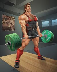 asmodis_(artist) beauty_and_the_beast big_bulge bodybuilder bulge disney disney_villains gaston hairy_chest huge_bulge lifting_weights looking_at_viewer male male_only muscles muscular muscular_male working_out