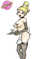 apron ass blonde_hair breasts fishnet_armwear fishnet_legwear fishnet_stockings gloves hips maid_cap neckwear olive_(fruit) red_lipstick serving_tray ts_wanks wine wine_glass