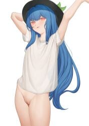 1girls absurdres arm_up bangs black_headwear blue_hair blush bottomless cowboy_shot female flat_chest hat highres hinanawi_tenshi leaf leaning_to_the_side long_hair looking_at_viewer ni_(221) open_mouth pussy shirt short_sleeves simple_background smile solo tenshi_hinanawi touhou uncensored underwear white_background white_shirt