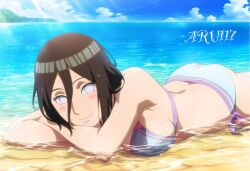 1girls accurate_art_style ai_generated artist_name aru117 ass beach big_breasts bikini bikini_bottom bikini_top boruto:_naruto_next_generations bracelet breasts female female_only hyuuga_hanabi light-skinned_female light_skin long_hair looking_at_viewer lying lying_on_stomach nai_diffusion naruto naruto_(series) on_stomach partially_submerged petite pixiv_username purple_eyes sand seaside side_view sideboob smile solo solo_focus stable_diffusion swimsuit water watermark