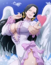 1girls ai_generated angel_wings big_breasts black_hair blue_eyes boa_hancock clothed clothing color female female_focus female_only hi_res jemmasoria jewelry large_breasts light-skinned_female light_skin long_hair mero_mero_no_mi one_piece shounen_jump solo solo_female tagme thick_thighs wings