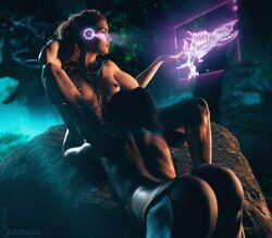 2girls 3d 3d_(artwork) absurd_res absurdres aloy areolae back black_hair braided_hair breasts clothed/nude clothed_female cunnilingus erect_nipples female female_focus female_only freckles half_naked hologram horizon_forbidden_west horizon_zero_dawn licking_pussy long_hair medium_breasts multiple_girls muscular muscular_back muscular_female necklace night nipples nude nude_female oral oral_sex outdoors pants ponytail red_hair shiny_skin sideboob son_umbasa sony_interactive_entertainment talanah_khane_padish tied_hair topless topless_female yuri