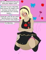 abdl adult_baby blonde_female blush bursting_clothes crying dark-skinned_female diaper diaper_fetish diaper_under_clothing diaperednight embarrassed_female gravity_rush humiliation hyper_mess kat_(gravity_rush) messy_diaper mommy_dom mommy_kink onesie pacifier raven_(gravity_rush) scat shitting_self soiling soiling_diaper tears