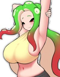 1girls armpits arms_behind_back arms_up big_breasts blush breasts green_hair hi_res light-skinned_female light_skin long_hair midriff multicolored_hair navel nintendo nobunagapero octoling octoling_girl peronattu perotako_chan_(nobunagapero) red_eyes red_hair sideboob simple_background solo splatoon splatoon_(series) stretching tentacle_hair tight_clothing upscaled white_background