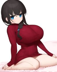 1girls barefoot blue_eyes braided_ponytail female female_only gigantic_breasts huge_breasts neoteny red_sweater sitting solo sweater thick_thighs wariza