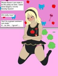 abdl adult_baby blonde_female blush dark-skinned_female diaper diaper_fetish diaper_under_clothing diaperednight embarrassed_female fart farting gravity_rush humiliation kat_(gravity_rush) mommy_dom mommy_kink onesie pacifier raven_(gravity_rush)