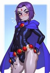 1boy ai_generated blush bodysuit bulge cape closed_mouth copernicus dc dc_comics embarrassed femboy feminine_male forehead_mark genderswap_(ftm) girly grey_body grey_skin looking_at_viewer male male_only otoko_no_ko purple_eyes purple_hair raven_(dc) rizdraws_(ai_style) rule_63 short_hair skin_tight solo sweat teen_titans trap