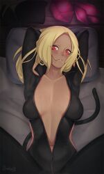 blonde_female blush breasts catsuit cleavage darahan dark-skinned_female fake_animal_tail gravity_rush heeled_boots imminent_sex kat_(gravity_rush) latex latex_catsuit latex_suit leather leather_clothing looking_at_viewer navel no_bra undressing unzipped_bodysuit