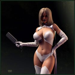 1girls 3d 3d_(artwork) blonde_hair blue_eyes breasts cleavage emma_frost female female_only ghirazz large_breasts marvel marvel_comics navel new_x-men opera_gloves paddle solo spanking_paddle thighhighs white_queen x-men