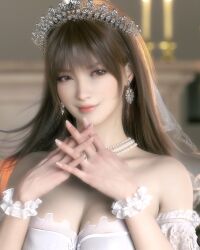 1girls 3d 3d_(artwork) arm_garter blurry_background breasts bridal_veil bride brown_eyes brown_hair dead_or_alive dead_or_alive_5 earrings female female_focus highres hxwxrf jewelry kasumi_(doa) large_breasts long_hair looking_at_viewer matching_hair/eyes necklace pearl_necklace ring smile tecmo veil wedding wedding_dress wedding_ring