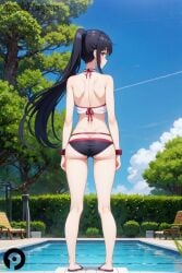 ai_generated arifureta_shokugyou_de_sekai_saikyou ass back bare_shoulders bikini black_bikini black_hair blue_sky cloud day female from_behind full_body long_hair looking_at_viewer looking_back outdoors pikkiwynn ponytail pool red_eyes sandals sky solo standing swimsuit tree yaegashi_shizuku