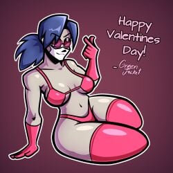 1girls alternate_breast_size big_breasts blue_hair breasts eyepatch facemask female female_only green_jacket_(artist) latex medium_breasts skullgirls solo solo_female thick_thighs thighhighs thighs valentine valentine's_day valentine_(skullgirls)