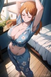 1girls ai_generated bare_arms big_breasts closed_eyes clothed clothing color female female_focus female_only hi_res jemmasoria large_breasts light-skinned_female light_skin long_hair nami nami_(one_piece) no_bra one_piece orange_eyes orange_hair pajamas pijama post-timeskip shounen_jump solo solo_female tagme thick_thighs