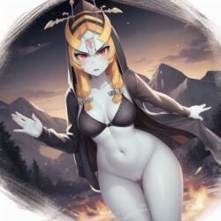 1girls ai_generated big_breasts black_sports_bra breasts clothing female female_only happy long_hair midna ruptuorie shorts solo the_legend_of_zelda twili_midna twilight_princess