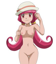 aria_(pokemon) elle_(pokemon) female hat long_hair non-web_source nude pink_hair pokemon solo