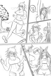 1futa 2girls big_breasts big_penis breasts cleavage clothed clothing comic danganronpa danganronpa_2:_goodbye_despair erection female female_to_futa fully_clothed futanari futanari_transformation human large_breasts large_penis mioda_ibuki monochrome mostly_clothed owari_akane penis penis_growth pontapon sketch smooth_skin standing super_danganronpa_2 thick_thighs thighs