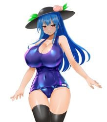 alternate_breast_size blue_hair breasts female hinanawi_tenshi honda_takaharu large_breasts red_eyes school_swimsuit solo swimsuit tenshi_hinanawi touhou transparent_background