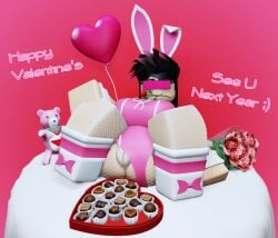 1girls 3d breasts bunny_ears bunnysuit chocolate english_text fishnets heart_balloon iris_(rusmynth) leotard leotard_aside original_character pussy roblox roblox_avatar robloxian rose_in_mouth roses rusmynth tagme text thighs valentine's_day