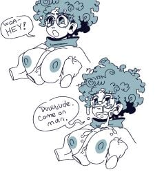 afro breasts cum cum_on_face dialogue disasterpulse female glasses male paizuri scarf