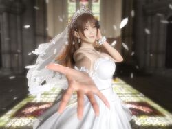 1girls 3d 3d_(artwork) absurd_res arm_garter blurry_background breasts bridal_veil bride brown_eyes brown_hair dead_or_alive dead_or_alive_5 depth_of_field diadem earrings feathers female female_focus highres hxwxrf jewelry kasumi_(doa) large_breasts long_hair looking_at_viewer matching_hair/eyes necklace pearl_necklace reaching_out ring smile tecmo veil wedding wedding_dress wedding_ring