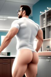 ai_generated ass athletic bubble_butt butt_focus glasses human human_only laboratory laboratory_equipment laboratory_glassware light-skinned_man light_skin male man men_only muscular_man pale_skin professor scientist shirt_only teacher tight_clothing