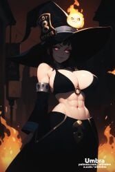 1girls ai_generated aiumbra bikini_top dressed en'en_no_shouboutai enen_no_shouboutai fire fire_force goth goth_girl grin high_resolution highres horny huge_breasts large_breasts naughty_face oze_maki self_upload smile smug solo_female stable_diffusion stomach thick_thighs witch_hat