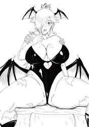 1girls :d animal_print bat_print bat_wings blush breasts cleavage clothing cosplay darkstalkers demon_girl doujinshi female female_focus finger_to_mouth hair_over_one_eye heart_cutout huge_breasts inviting japanese_language large_breasts mario_(series) milf momochrome morrigan_aensland_(cosplay) ninnindo nintendo pantyhose princess_rosalina smile solo spread_legs succubus tonsuke wings